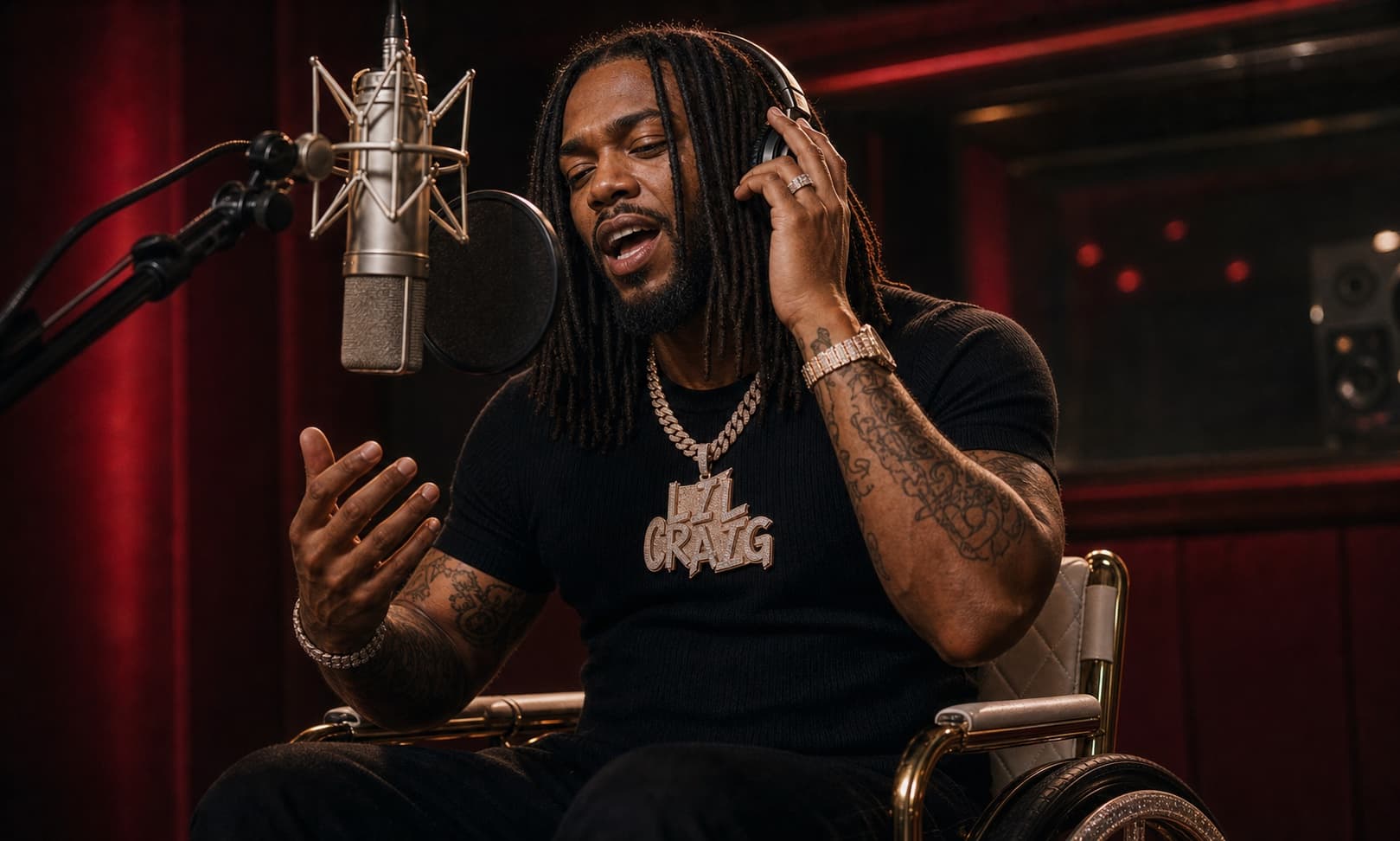 Lil Craig Of 2Reel singing into a studio microphone
